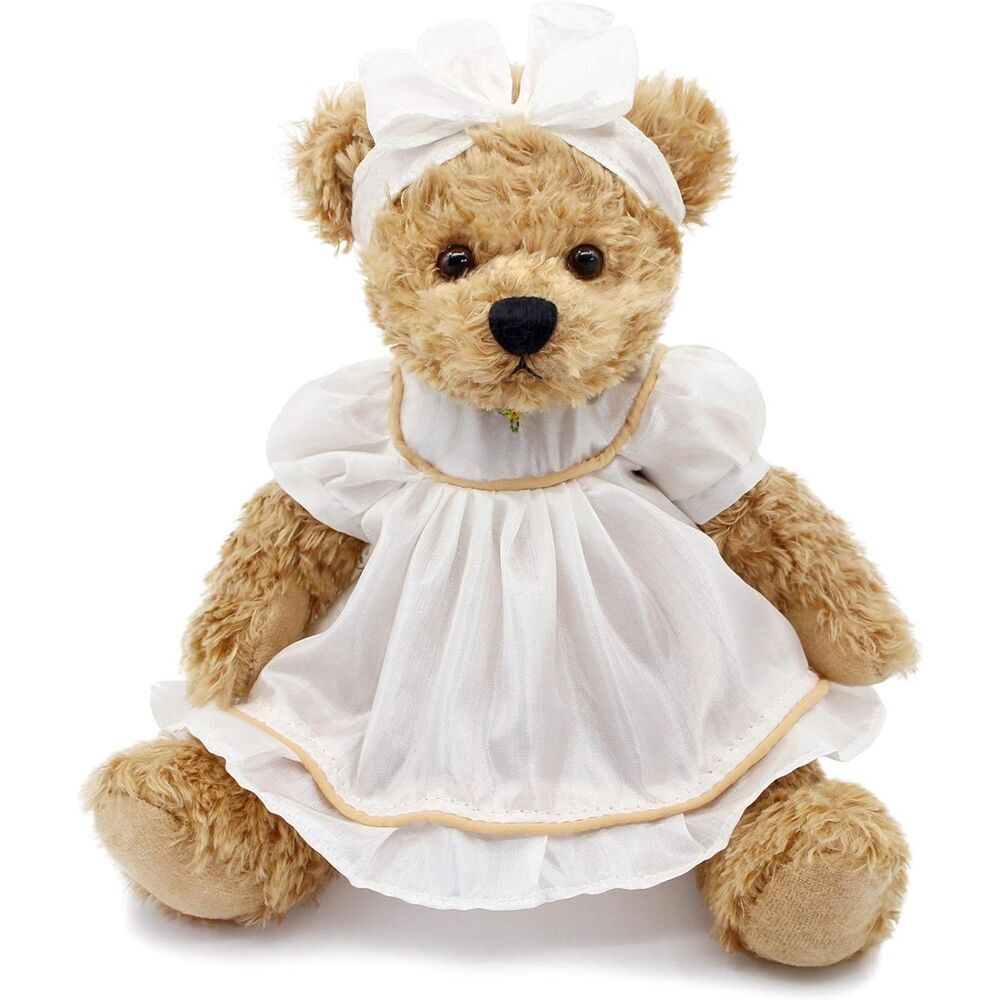10" Oitscute White Small Teddy Bear with Cloth Stuffed Animal Soft Plush Toy